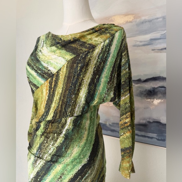 Suzi Chin for Maggy Boutique Green Abstract Draped Midi Dress-Elegant&Flatering - Picture 5 of 16